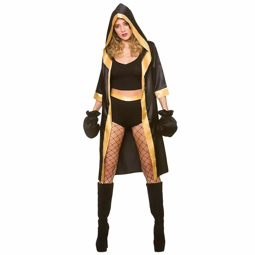 Knockout Boxer Fancy Dress Costume Womens Hooded Robe Gloves 3 Knockout Boxer Fancy Dress Costume Womens Hooded Robe Gloves