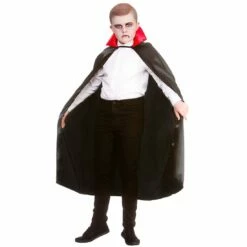 Kids Deluxe Satin Vampire Cape Black Cloak Red Collar 95cm