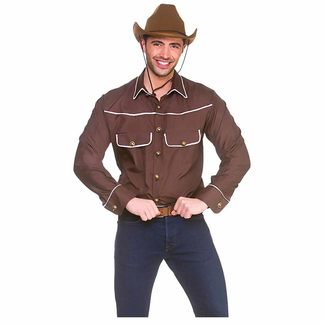 Adults Western Cowboy Shirt Brown Fancy Dress Wild West Stag 3 Adults Western Cowboy Shirt Brown Fancy Dress Wild West Stag