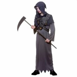 Boys Grim Reaper In Chains Halloween Costume Grey Hooded Robe