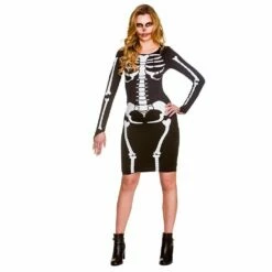 Womens Skeleton Dress Long Sleeve Bones Black Halloween Mini