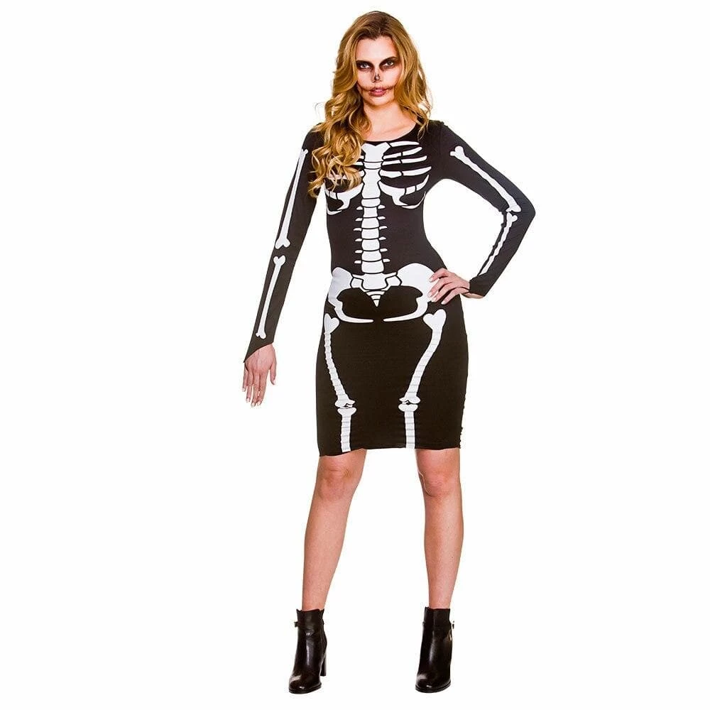 Womens Skeleton Dress Long Sleeve Bones Black Halloween Mini 3 Womens Skeleton Dress Long Sleeve Bones Black Halloween Mini