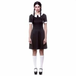 Womens Creepy School Girl Black Dress Wednesday Addams Costume