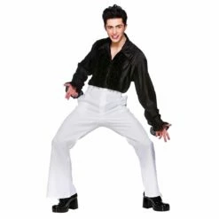 Mens Black Disco Fever 70s Frilly Shirt Halloween Costume