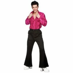 Mens Hot Pink Disco Fever 70s Frilly Shirt Halloween Costume